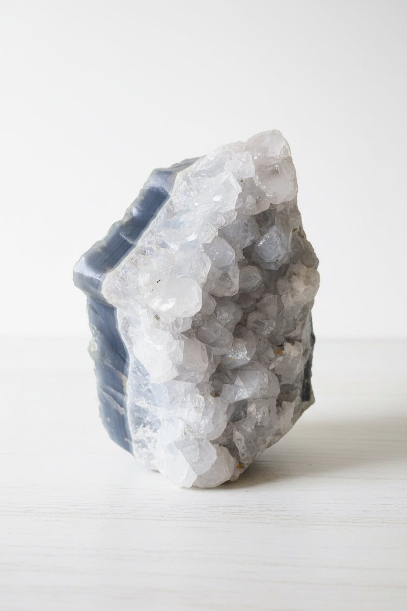 A raw crystal cluster specimen featuring a blue-gray mineral base transitioning into large, translucent, clear quartz crystal points, standing upright on a light surface against a white background.